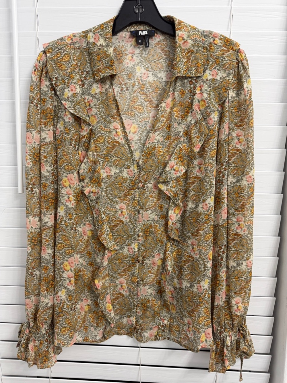 PAIGE Olive and Pink Floral Ruffle  Blouse Size M